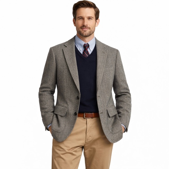 Lands’ End Wool Herringbone Blazer Sport Coat Men’s 46R Charcoal Tan